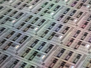 Micro-transfer printed chiplets on an 8-inch wafer.